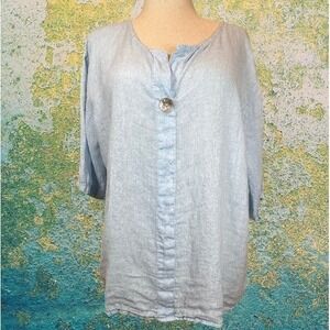 100% Linen Light Blue Popover Blouse Women's XL Lagenlook Coastal Top Unbranded